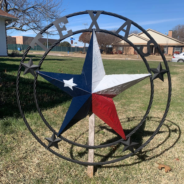 TEXAS LICENSE PLATE BARN STAR METAL LONE STAR TWISTED BLACK RING & LETTERS WESTERN HOME DECOR HANDMADE NEW