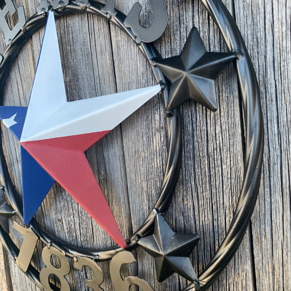 TEXAS FLAG STAR RED WHT BLUE STAR & BLACK RING METAL BARN LONE STAR WESTERN HOME DECOR HANDMADE NEW 12",18",24",36",50"