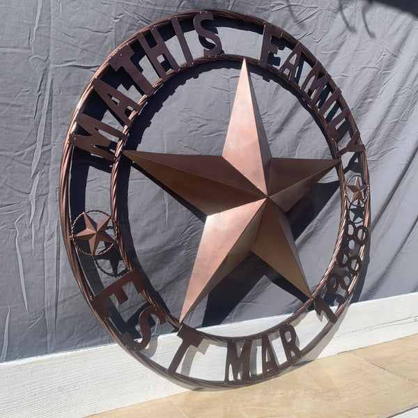 MATHIS STYLE CUSTOM NAME STAR BARN STAR 3d METAL LONESTAR TWISTED ROPE RING WESTERN HOME DECOR RUSTIC BRONZE COPPER HANDMADE 24",32",36",50"