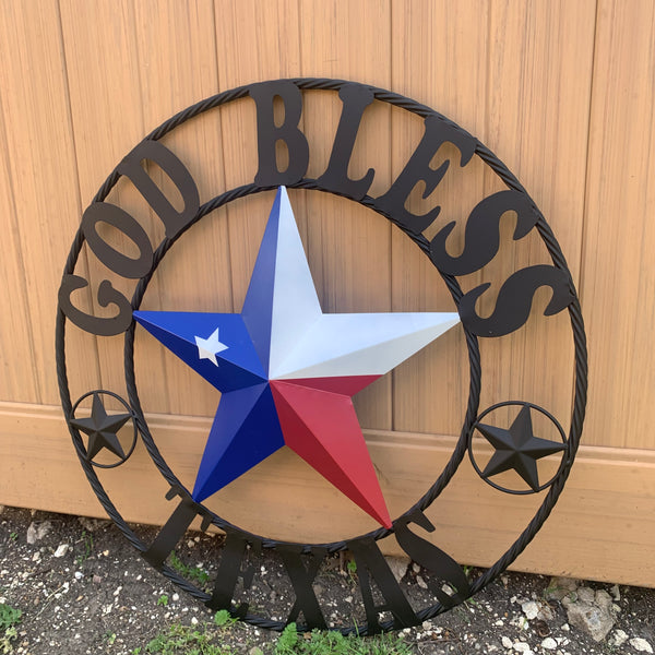 GOD BLESS TEXAS RED WHITE BLUE BARN METAL STAR BRONZE TWISTED ROPE RING WALL ART WESTERN HOME DECOR HANDMADE