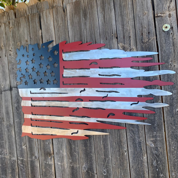 USA TATTERED AMERICAN FLAG METAL WALL ART WESTERN HOME DECOR HANDMADE NEW