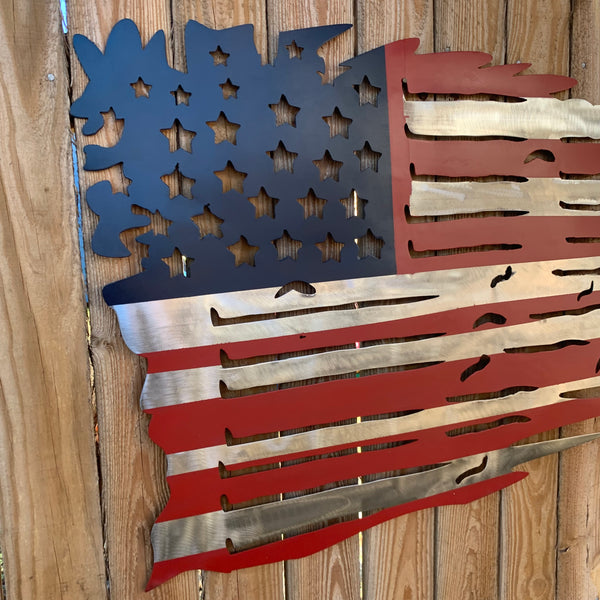USA TATTERED AMERICAN FLAG METAL WALL ART WESTERN HOME DECOR HANDMADE NEW