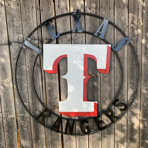 TEXAS RANGERS CUSTOM METAL VINTAGE CRAFT TEAM SIGN WHITE & RED WITH BLACK RING HANDMADE