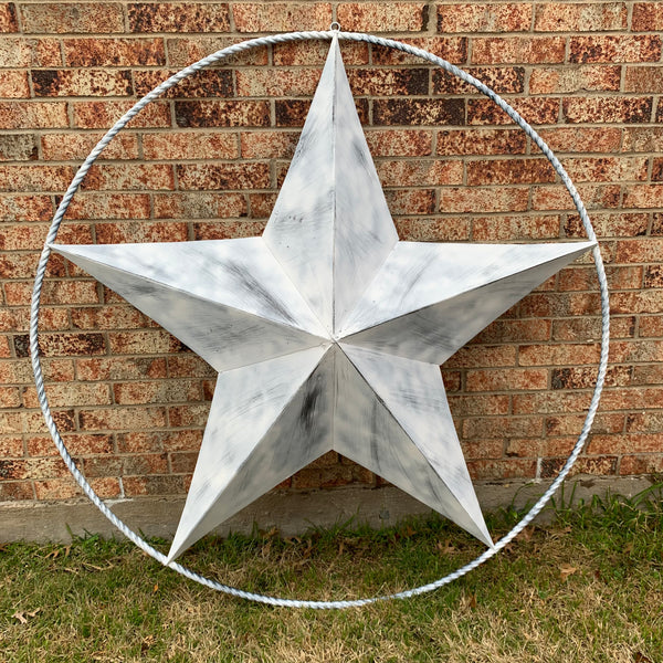 5 FOOT WHITE DISTRESSED STAR TWO TONE TEXTURE BARN STAR METAL LONESTAR TWISTED ROPE RING WESTERN HOME DECOR HANDMADE NEW