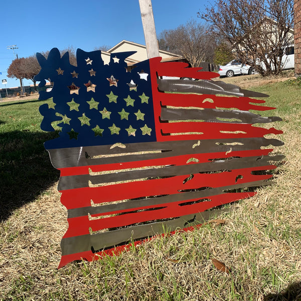 USA TATTERED AMERICAN FLAG METAL WALL ART WESTERN HOME DECOR HANDMADE NEW
