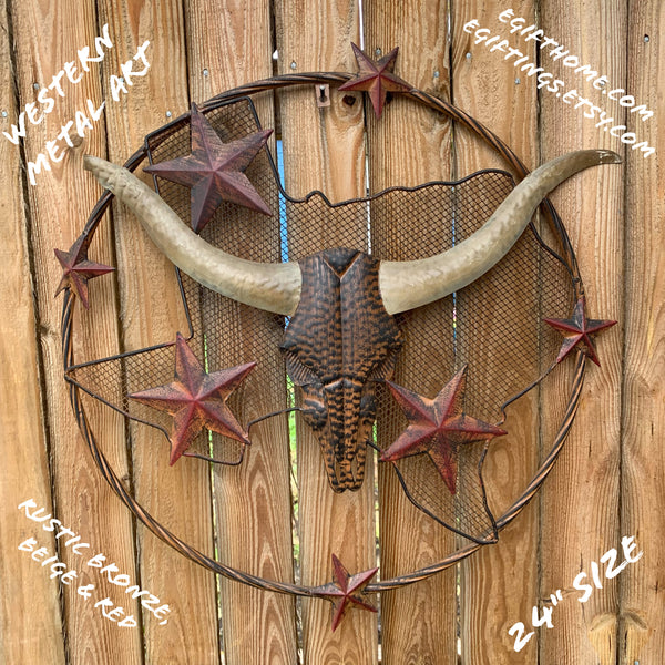 24" LONGHORNS & STARS METAL WALL ART SCULPTURE WESTERN HOME DECOR HANDMADE NEW