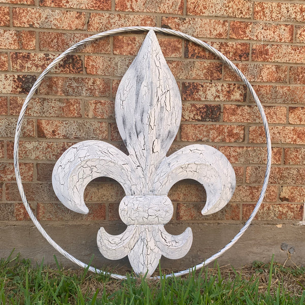 24",36" FLEUR DE LIS METAL CRACKLE WHITE WESTERN HOME DECOR HANDMADE WALL ART NEW