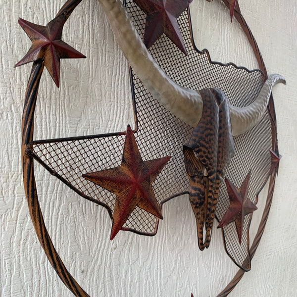24" LONGHORNS & STARS METAL WALL ART SCULPTURE WESTERN HOME DECOR HANDMADE NEW