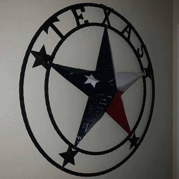 TEXAS LICENSE PLATE BARN STAR METAL LONE STAR TWISTED BLACK RING & LETTERS WESTERN HOME DECOR HANDMADE NEW