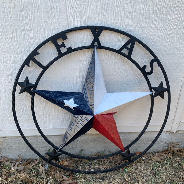 TEXAS LICENSE PLATE BARN STAR METAL LONE STAR TWISTED BLACK RING & LETTERS WESTERN HOME DECOR HANDMADE NEW