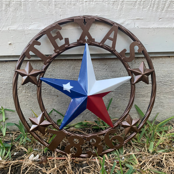 TEXAS FLAG STAR RED WHT BLUE STAR & BRONZE COPPER RING 1836 TEXAS METAL BARN LONE STAR WESTERN HOME DECOR HANDMADE NEW 12",18",24",32",36",50"