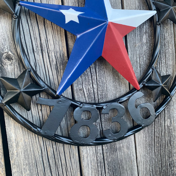 TEXAS FLAG STAR RED WHT BLUE STAR & BLACK RING METAL BARN LONE STAR WESTERN HOME DECOR HANDMADE NEW 12",18",24",36",50"