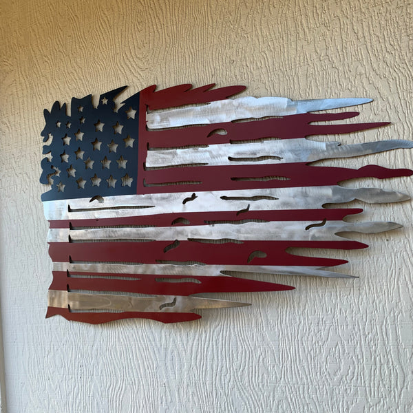 USA TATTERED AMERICAN FLAG METAL WALL ART WESTERN HOME DECOR HANDMADE NEW