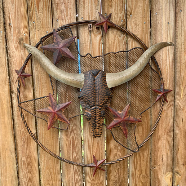 24" LONGHORNS & STARS METAL WALL ART SCULPTURE WESTERN HOME DECOR HANDMADE NEW