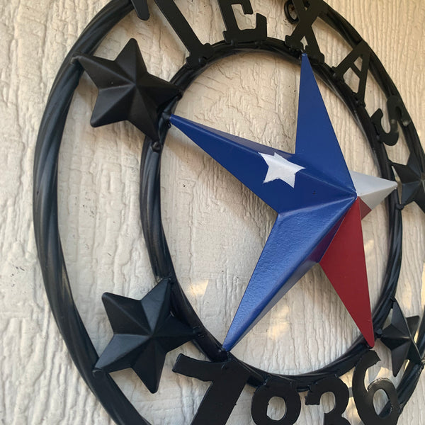 TEXAS FLAG STAR RED WHT BLUE STAR & BLACK RING METAL BARN LONE STAR WESTERN HOME DECOR HANDMADE NEW 12",18",24",36",50"