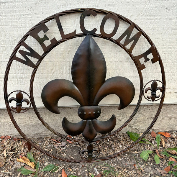 24" WELCOME FLEUR DE LIS METAL WALL ART WESTERN HOME DECOR BROWN NEW #EH11997