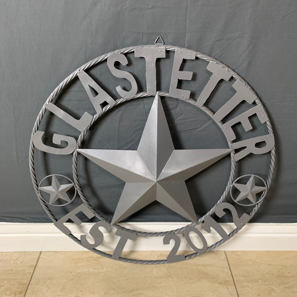 GLASTETTER STYLE YOUR CUSTOM NAME BARN STAR 3d METAL LONE STAR TWISTED ROPE RING WESTERN HOME DECOR RUSTIC GREY HANDMADE 24",32",36",50"