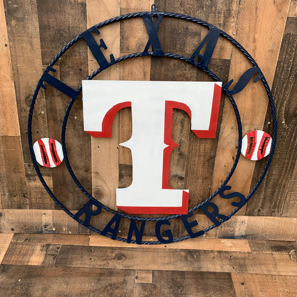 TEXAS RANGERS CUSTOM METAL VINTAGE CRAFT TEAM SIGN WHITE & RED & NAVY BLUE RING HANDMADE