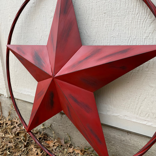 RED DISTRESSED STAR TWO TONE TEXTURE BARN STAR METAL LONESTAR TWISTED ROPE RING WESTERN HOME DECOR HANDMADE NEW