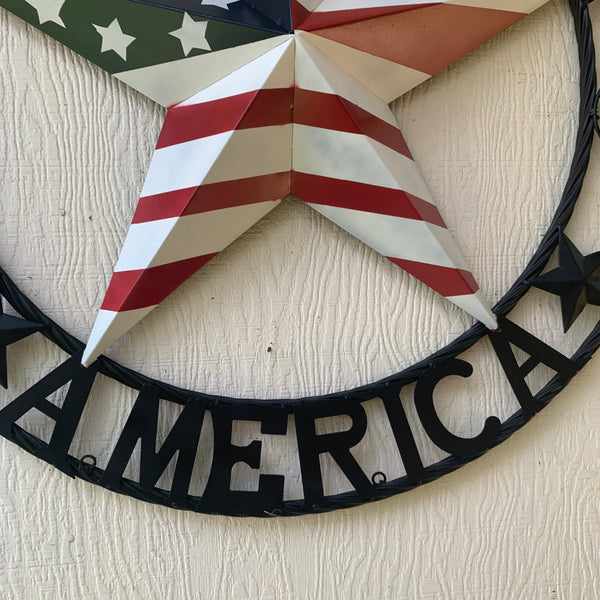 GOD BLESS AMERICA USA FLAG 3d STAR METAL BARN STAR LONE STAR TWISTED ROPE RING WALL ART WESTERN HOME DECOR RED WHITE & BLUE HANDMADE NEW #EH10490