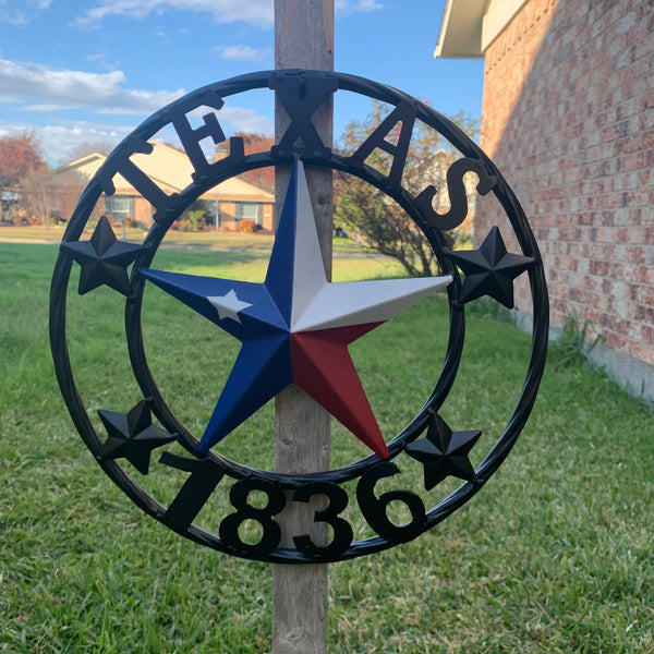 TEXAS FLAG STAR RED WHT BLUE STAR & BLACK RING METAL BARN LONE STAR WESTERN HOME DECOR HANDMADE NEW 12",18",24",36",50"