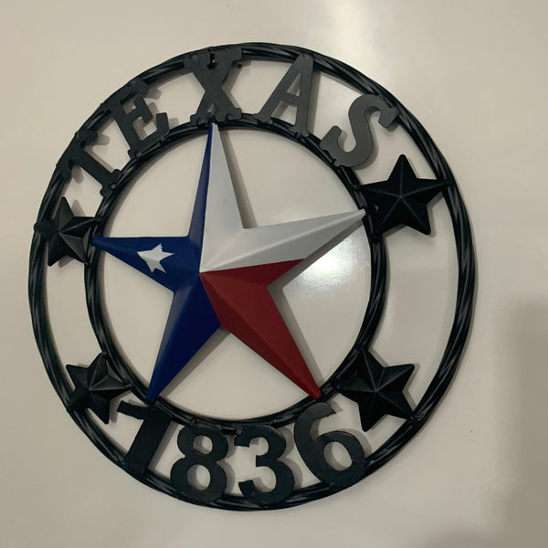 TEXAS FLAG STAR RED WHT BLUE STAR & BLACK RING METAL BARN LONE STAR WESTERN HOME DECOR HANDMADE NEW 12",18",24",36",50"