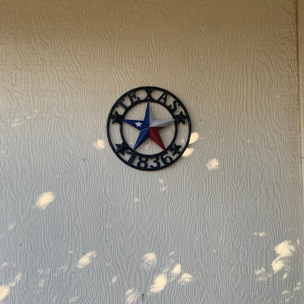 TEXAS FLAG STAR RED WHT BLUE STAR & BLACK RING METAL BARN LONE STAR WESTERN HOME DECOR HANDMADE NEW 12",18",24",36",50"