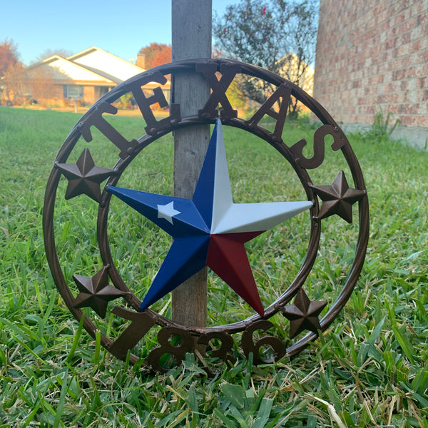 TEXAS FLAG STAR RED WHT BLUE STAR & BRONZE COPPER RING 1836 TEXAS METAL BARN LONE STAR WESTERN HOME DECOR HANDMADE NEW 12",18",24",32",36",50"