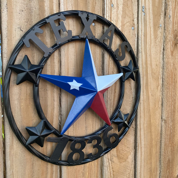 TEXAS FLAG STAR RED WHT BLUE STAR & BLACK RING METAL BARN LONE STAR WESTERN HOME DECOR HANDMADE NEW 12",18",24",36",50"