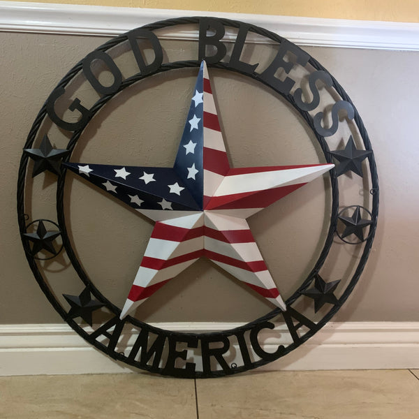 GOD BLESS AMERICA USA FLAG 3d STAR METAL BARN STAR LONE STAR TWISTED ROPE RING WALL ART WESTERN HOME DECOR RED WHITE & BLUE HANDMADE NEW #EH10490