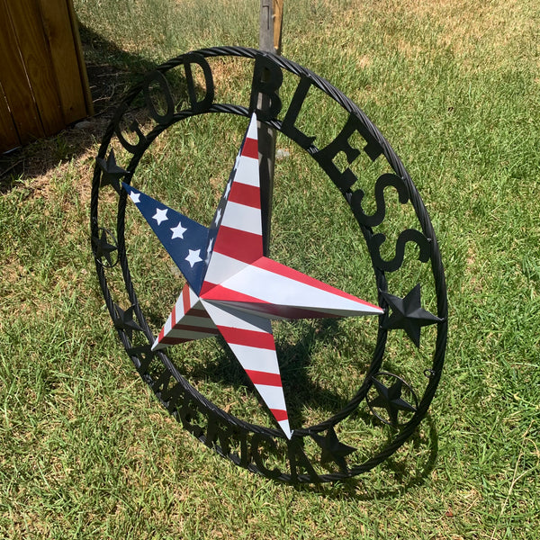 GOD BLESS AMERICA USA FLAG 3d STAR METAL BARN STAR LONE STAR TWISTED ROPE RING WALL ART WESTERN HOME DECOR RED WHITE & BLUE HANDMADE NEW #EH10490