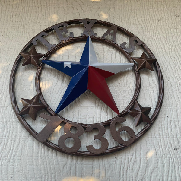TEXAS FLAG STAR RED WHT BLUE STAR & BRONZE COPPER RING 1836 TEXAS METAL BARN LONE STAR WESTERN HOME DECOR HANDMADE NEW 12",18",24",32",36",50"