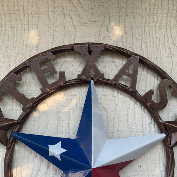 TEXAS FLAG STAR RED WHT BLUE STAR & BRONZE COPPER RING 1836 TEXAS METAL BARN LONE STAR WESTERN HOME DECOR HANDMADE NEW 12",18",24",32",36",50"