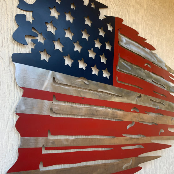USA TATTERED AMERICAN FLAG METAL WALL ART WESTERN HOME DECOR HANDMADE NEW