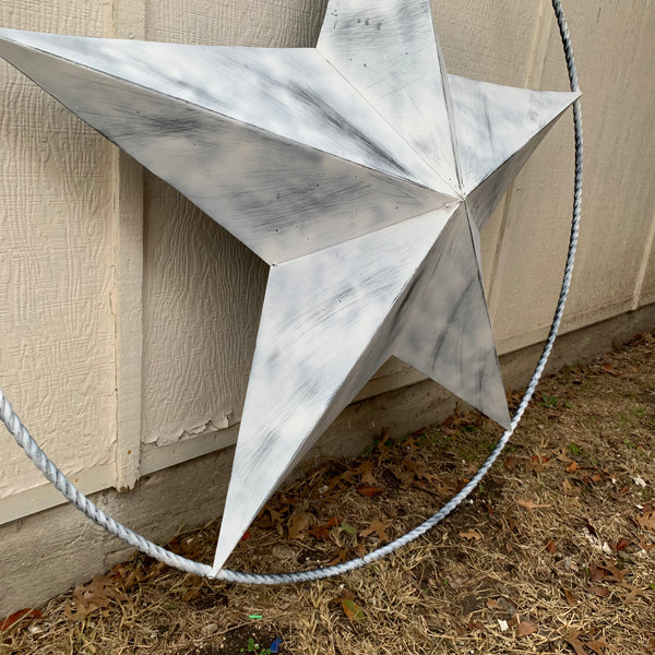5 FOOT WHITE DISTRESSED STAR TWO TONE TEXTURE BARN STAR METAL LONESTAR TWISTED ROPE RING WESTERN HOME DECOR HANDMADE NEW