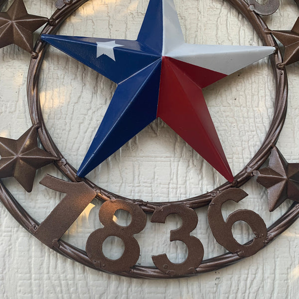 TEXAS FLAG STAR RED WHT BLUE STAR & BRONZE COPPER RING 1836 TEXAS METAL BARN LONE STAR WESTERN HOME DECOR HANDMADE NEW 12",18",24",32",36",50"