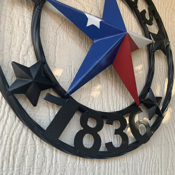 TEXAS FLAG STAR RED WHT BLUE STAR & BLACK RING METAL BARN LONE STAR WESTERN HOME DECOR HANDMADE NEW 12",18",24",36",50"