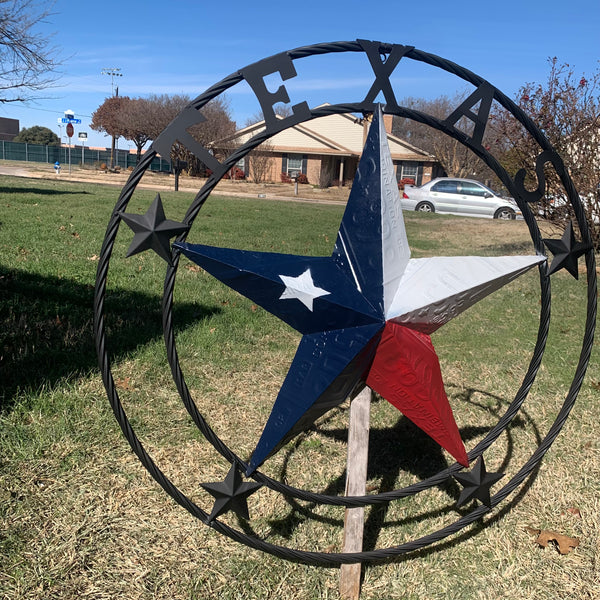 TEXAS LICENSE PLATE BARN STAR METAL LONE STAR TWISTED BLACK RING & LETTERS WESTERN HOME DECOR HANDMADE NEW