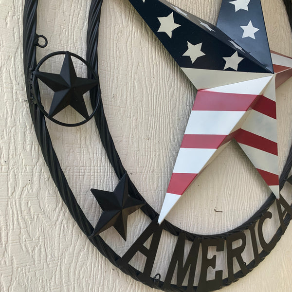 GOD BLESS AMERICA USA FLAG 3d STAR METAL BARN STAR LONE STAR TWISTED ROPE RING WALL ART WESTERN HOME DECOR RED WHITE & BLUE HANDMADE NEW #EH10490