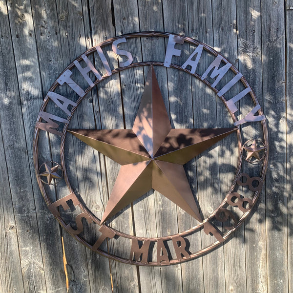 MATHIS STYLE CUSTOM STAR NAME BARN STAR METAL 3d STAR TWISTED ROPE RING WESTERN HOME DECOR RUSTIC BRONZE HANDMADE 24",32",36",50"