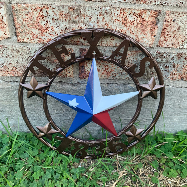 TEXAS FLAG STAR RED WHT BLUE STAR & BRONZE COPPER RING 1836 TEXAS METAL BARN LONE STAR WESTERN HOME DECOR HANDMADE NEW 12",18",24",32",36",50"