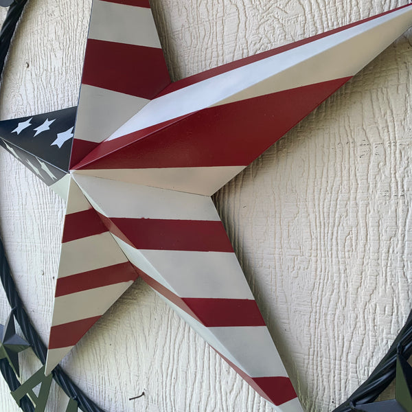 GOD BLESS AMERICA USA FLAG 3d STAR METAL BARN STAR LONE STAR TWISTED ROPE RING WALL ART WESTERN HOME DECOR RED WHITE & BLUE HANDMADE NEW #EH10490