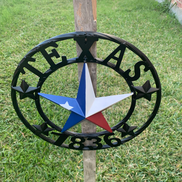 TEXAS FLAG STAR RED WHT BLUE STAR & BLACK RING METAL BARN LONE STAR WESTERN HOME DECOR HANDMADE NEW 12",18",24",36",50"