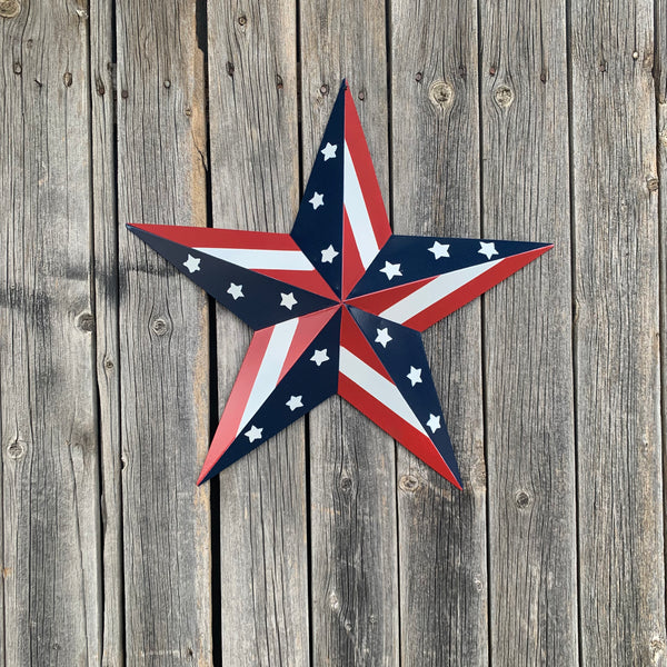 #EH11753 USA BARN STAR AMERICAN FLAG STAR RED WHITE & BLUE METAL STAR HANDMADE NEW 12",24",30"