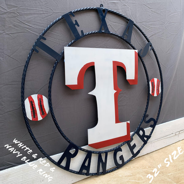 TEXAS RANGERS CUSTOM METAL VINTAGE CRAFT TEAM SIGN WHITE & RED & NAVY BLUE RING HANDMADE