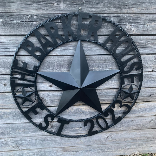 BARKER STYLE CUSTOM NAME STAR BARN METAL STAR 3d TWISTED ROPE RING LONESTAR WESTERN HOME DECOR RUSTIC BLACK HANDMADE 24",32",36",50"