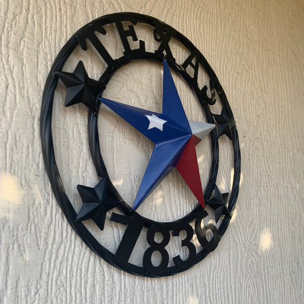 TEXAS FLAG STAR RED WHT BLUE STAR & BLACK RING METAL BARN LONE STAR WESTERN HOME DECOR HANDMADE NEW 12",18",24",36",50"