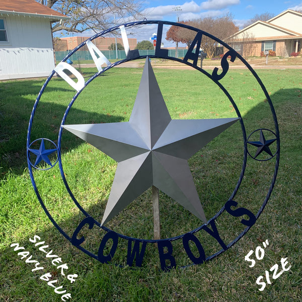DALLAS COWBOYS SILVER & NAVY BLUE BARN STAR CUSTOM METAL VINTAGE LONE STAR WESTERN HOME DECOR HANDMADE SIZE:24",32",36",40",42",44",46",50"-#EH10156