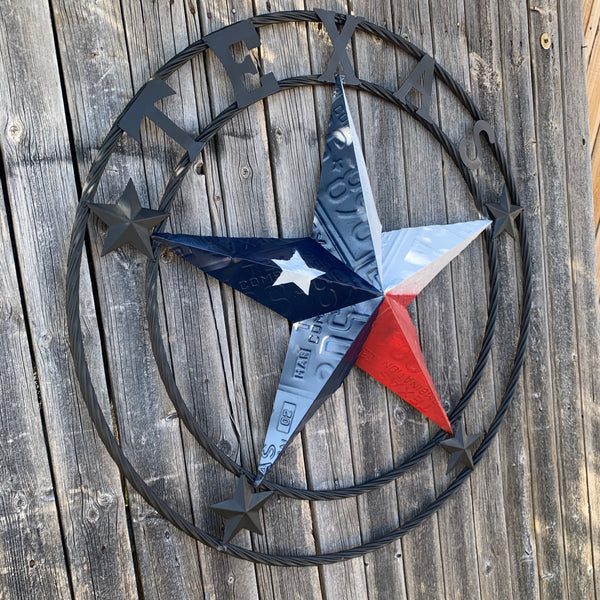 TEXAS LICENSE PLATE BARN STAR METAL LONE STAR TWISTED BLACK RING & LETTERS WESTERN HOME DECOR HANDMADE NEW