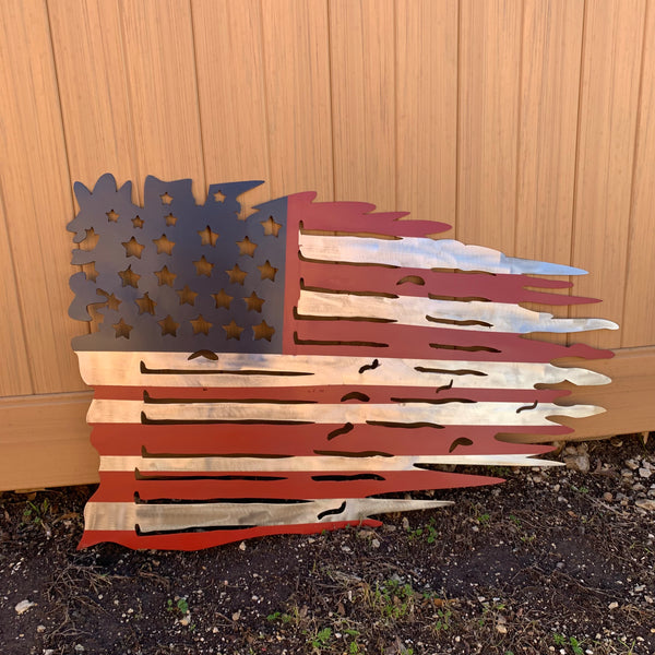 USA TATTERED AMERICAN FLAG METAL WALL ART WESTERN HOME DECOR HANDMADE NEW